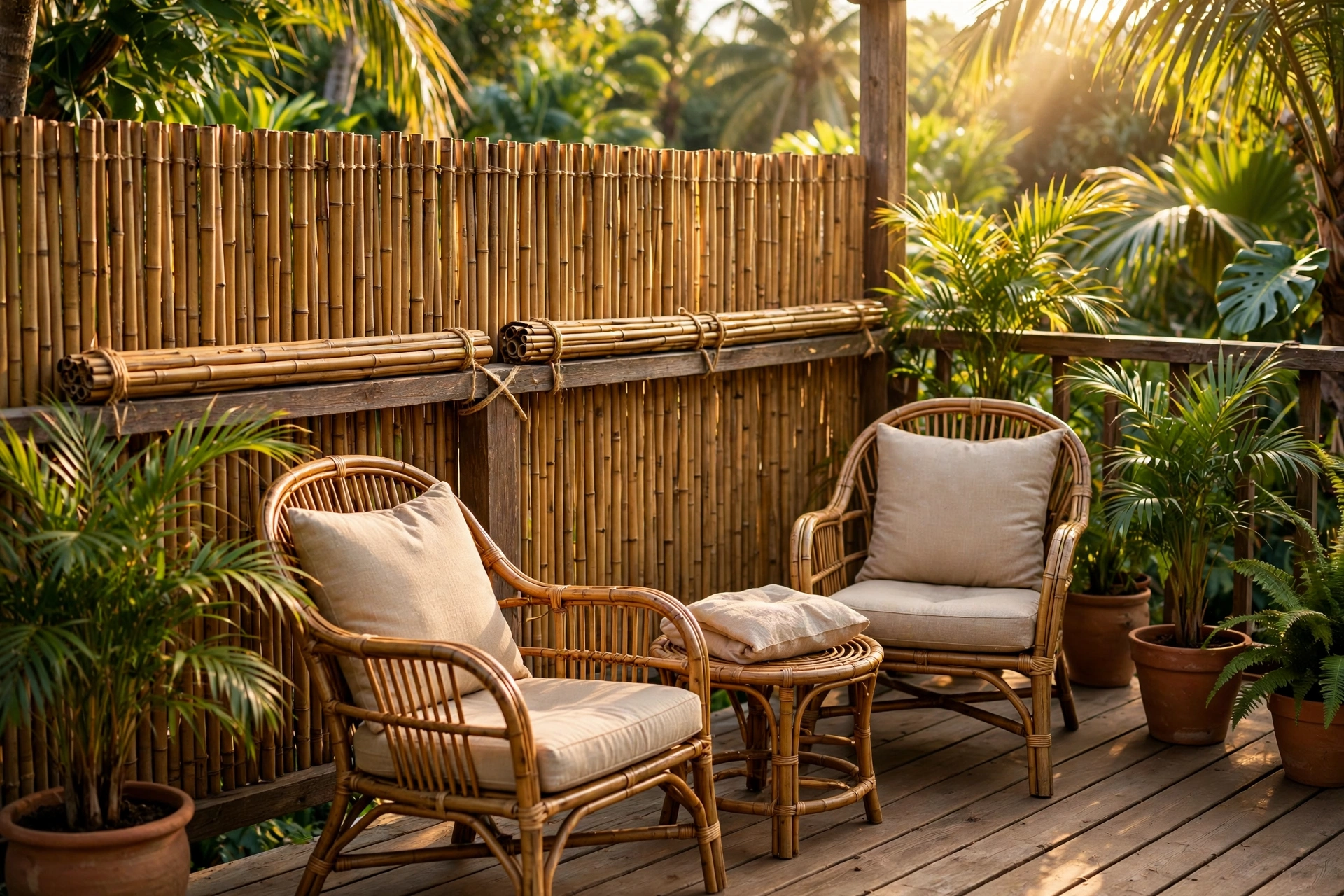 Rolled bamboo fencing attached to a patio railing as a wind barrier