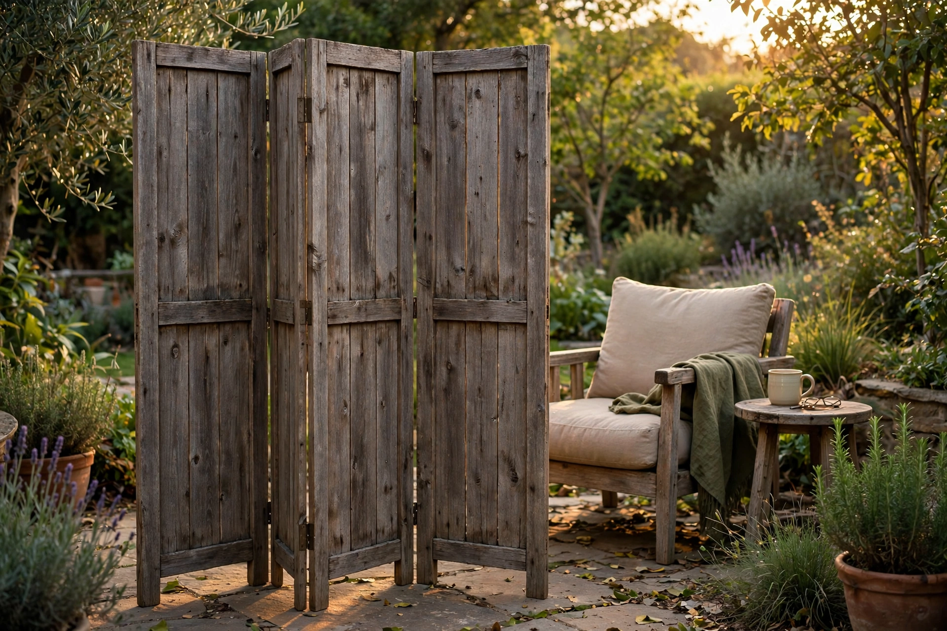 Freestanding three-panel folding screen shielding a patio reading nook