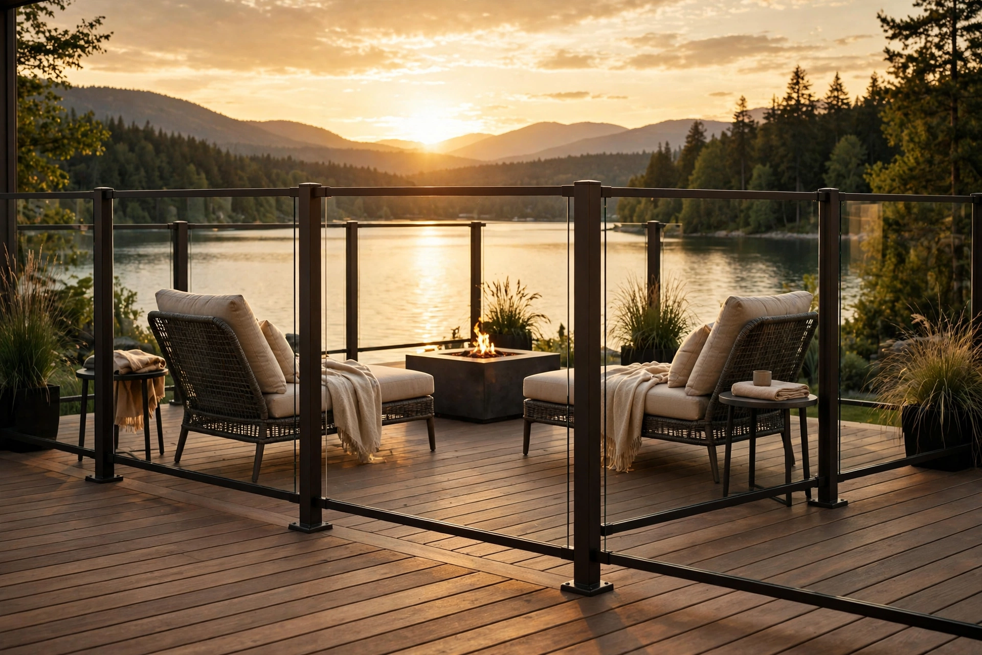Tempered glass wind panels on a deck preserving a lake sunset view