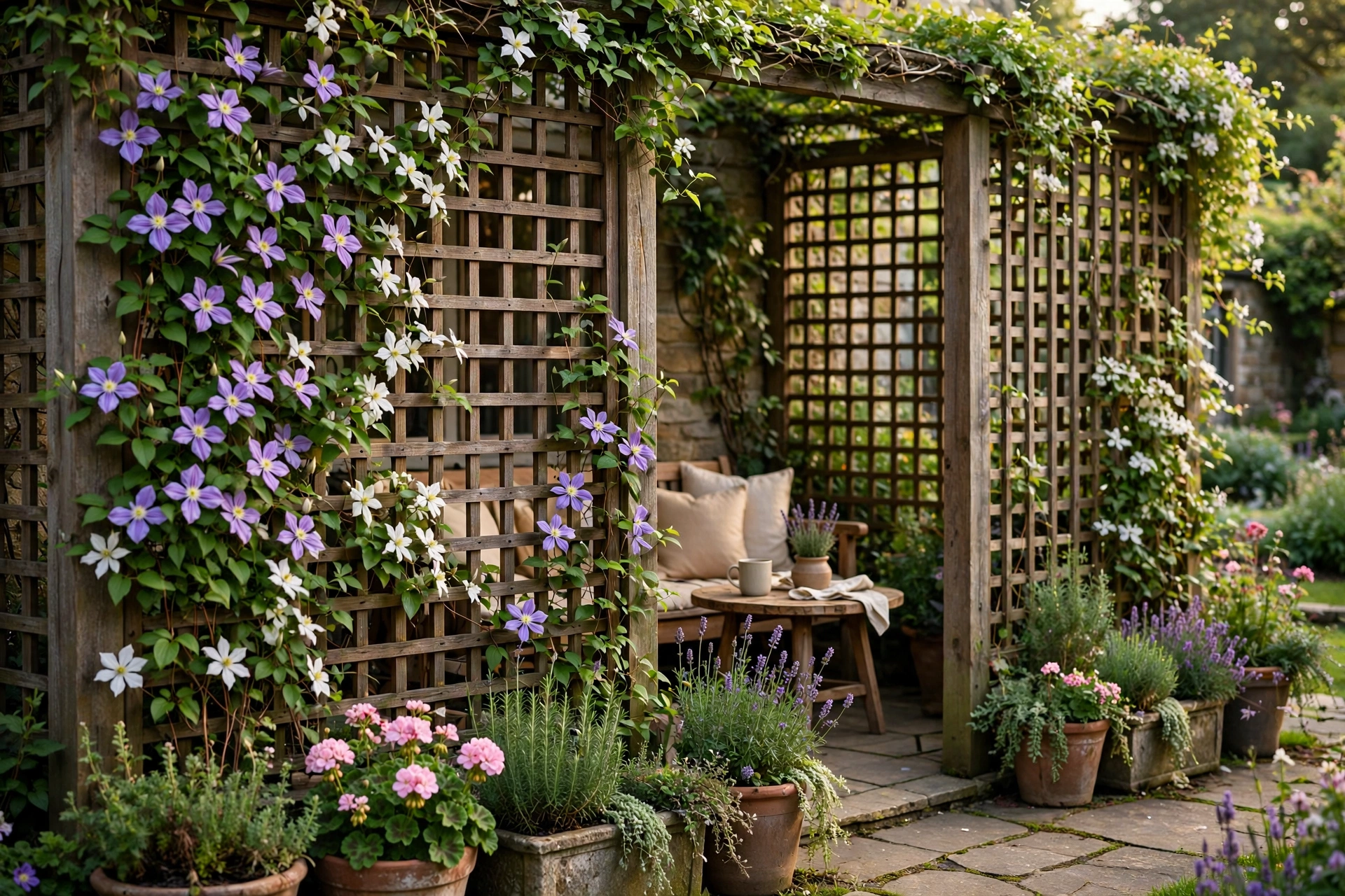 Wooden lattice panels covered in climbing vines on a cottage garden patio