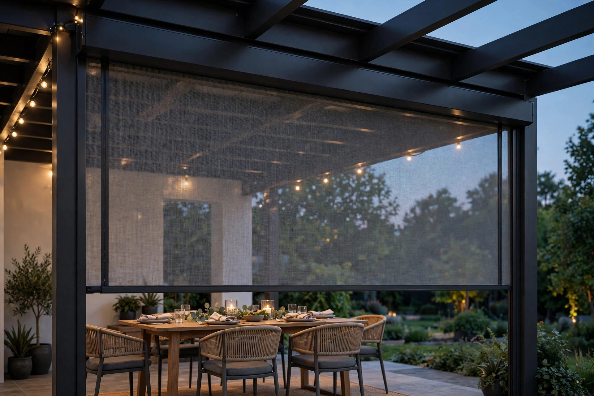 Motorized drop-down mesh screen lowered on a covered patio at dusk