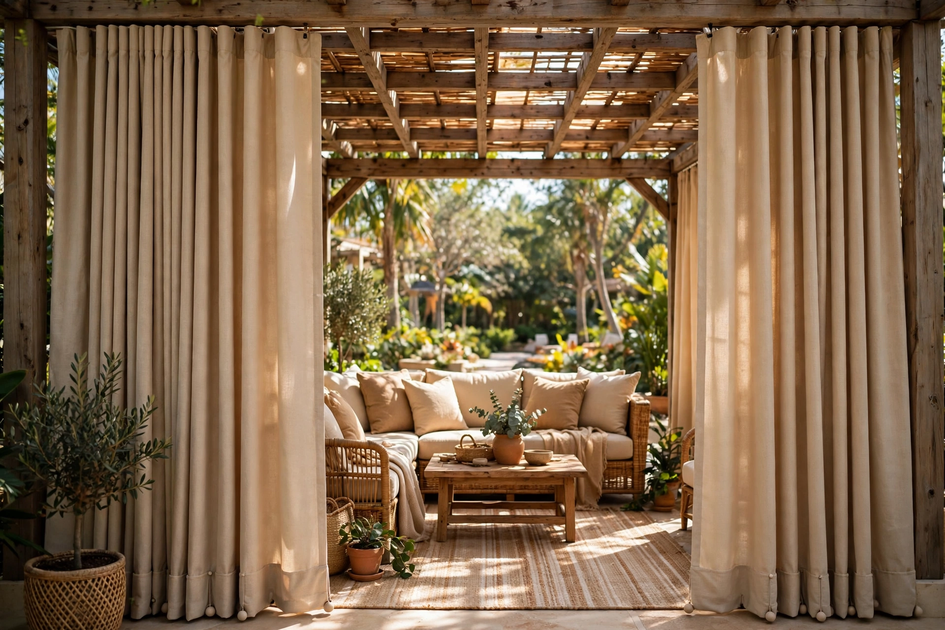 Weighted outdoor curtains drawn closed on a pergola patio - patio wind protection ideas