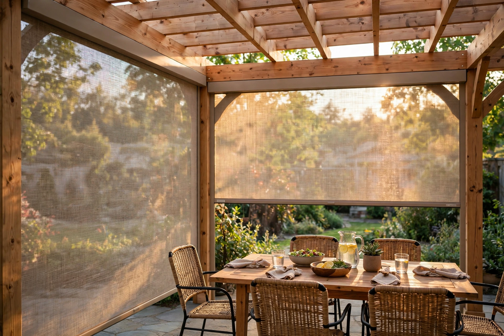 Roll-down exterior shades lowered on a pergola patio - patio wind protection ideas