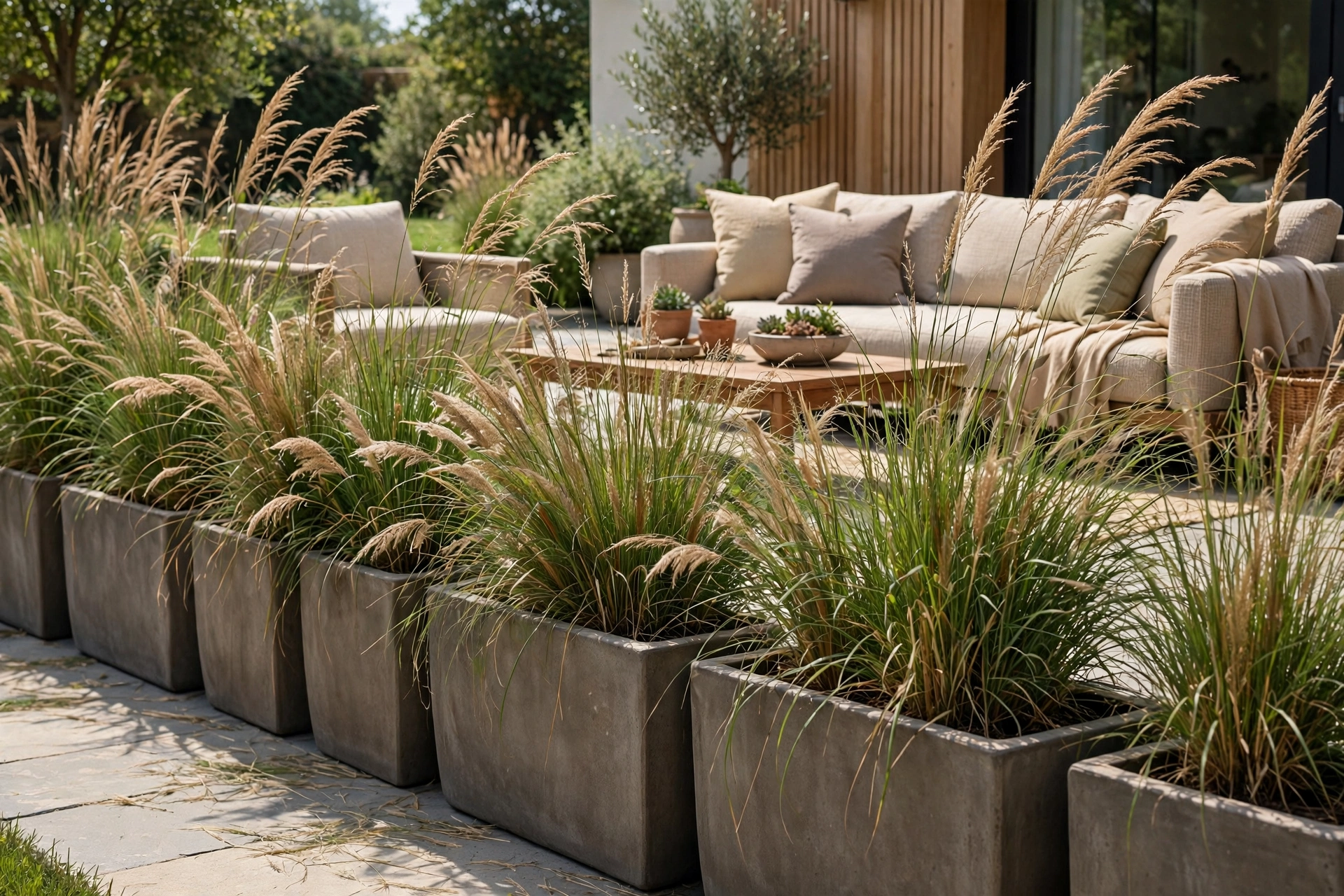 Wall of large planters with tall ornamental grasses blocking wind on a patio