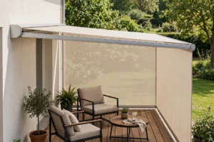 Retractable side awning screen shielding a deck seating area - patio wind protection ideas