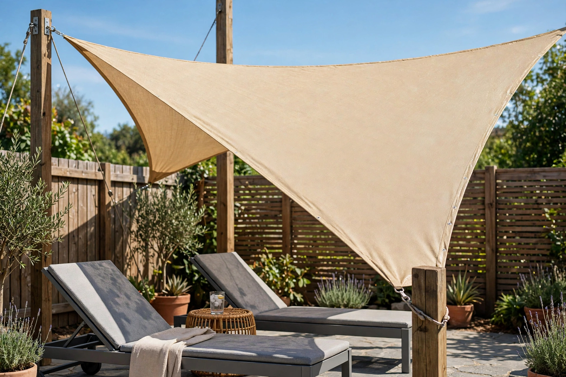 Triangular shade sail angled steeply over a sunny backyard patio seating area