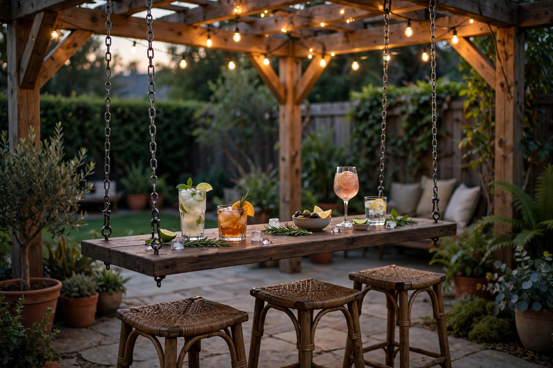 Wooden bar top suspended by chains from a pergola over a patio