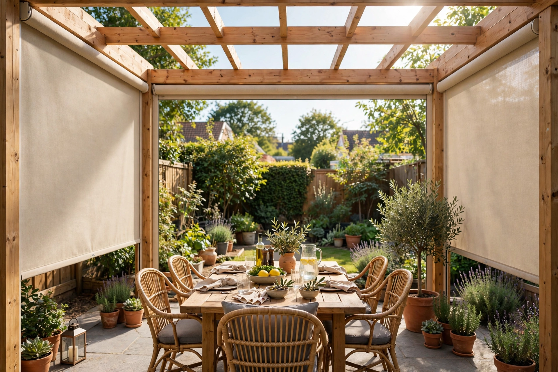 Pergola with fabric side shade panels creating a private patio room