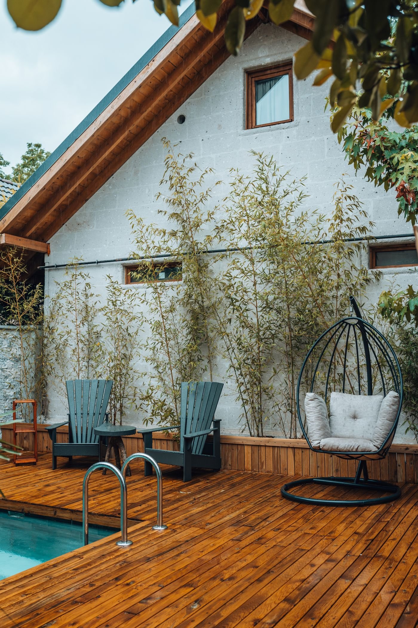Backyard pool privacy ideas: bamboo plants screening a terrace pool