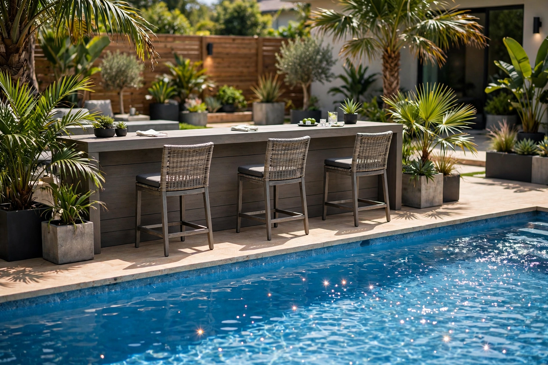 Poolside patio bar with weatherproof stools on a pool deck