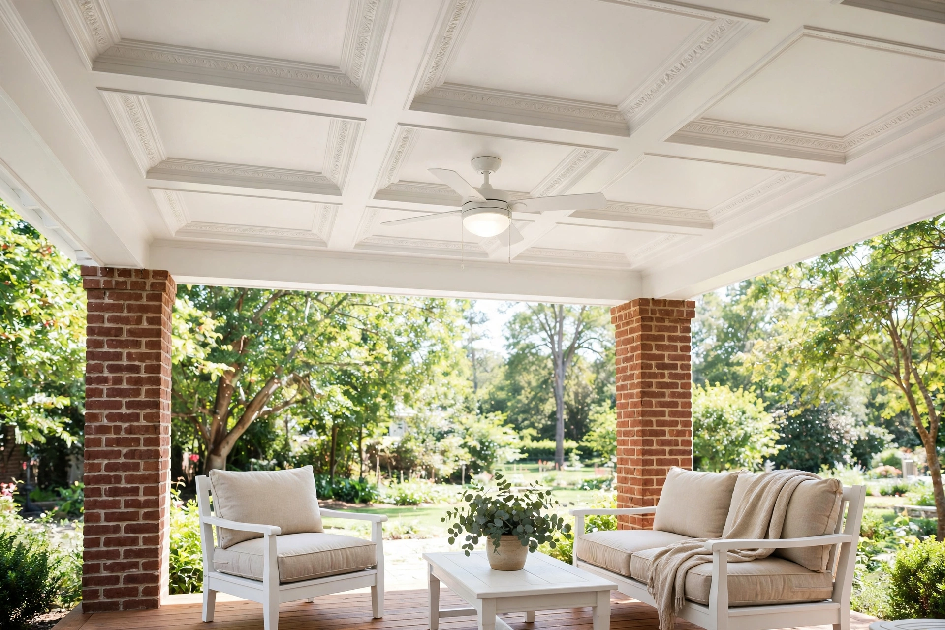 Coffered porch ceiling with recessed white panels and trim framing