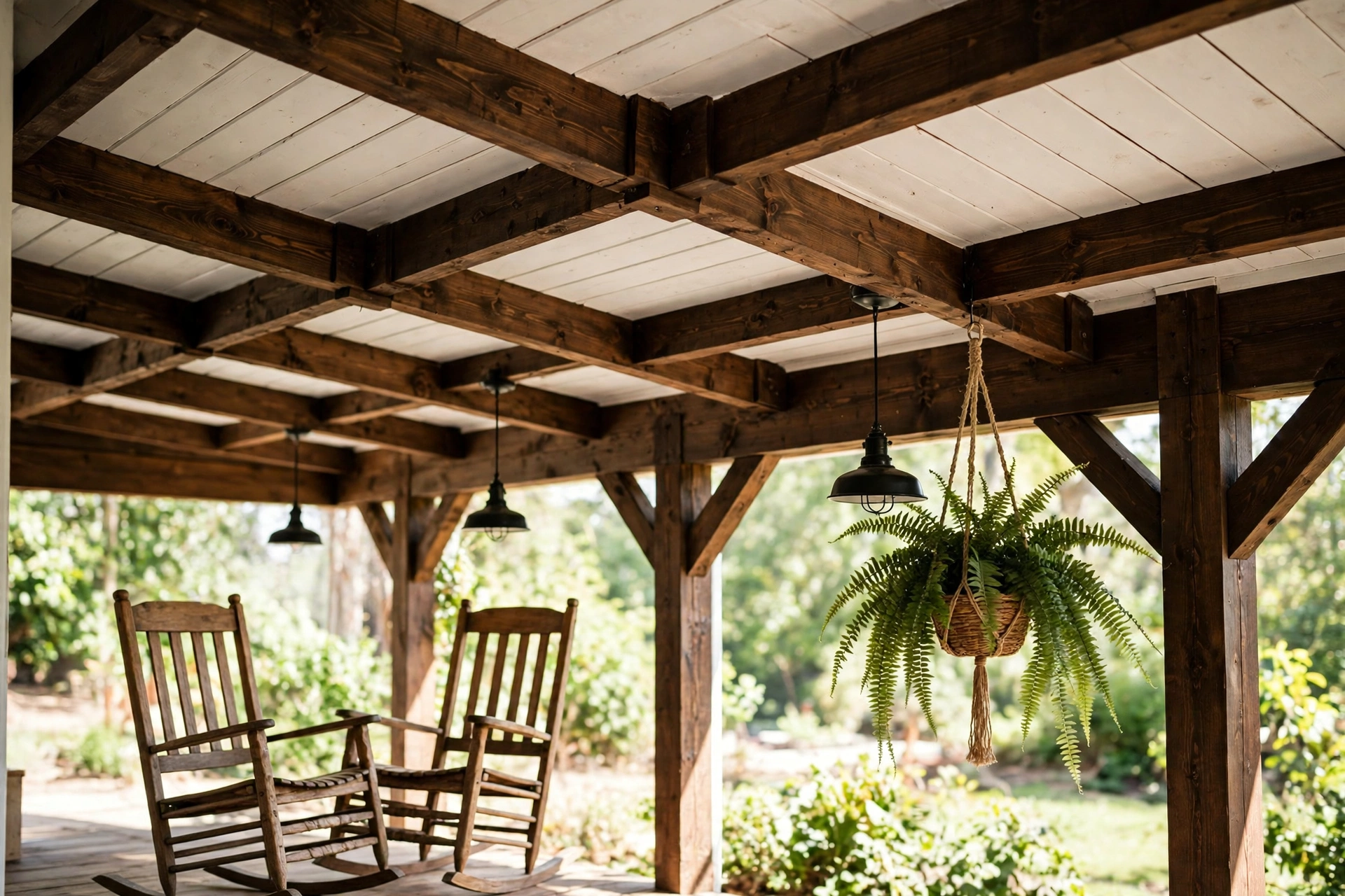 Porch ceiling with exposed dark wood beams and white wood planking