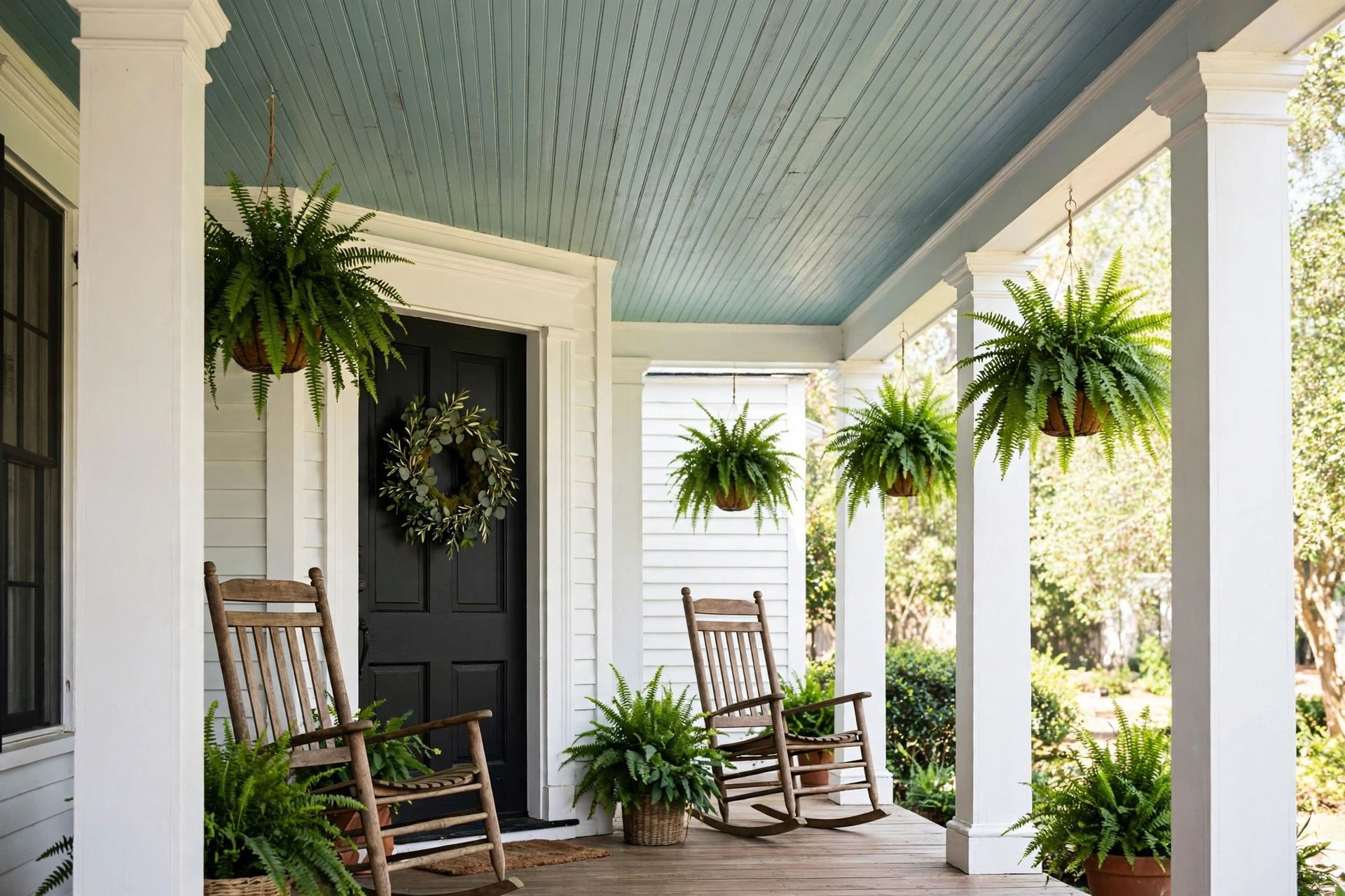 Haint blue painted porch ceiling ideas with soft blue-green planks
