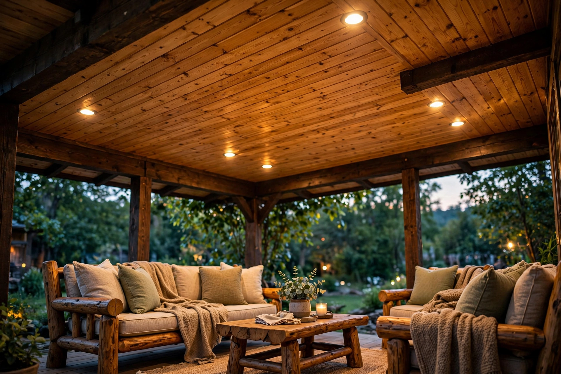 Porch ceiling ideas with natural stained tongue-and-groove pine planks