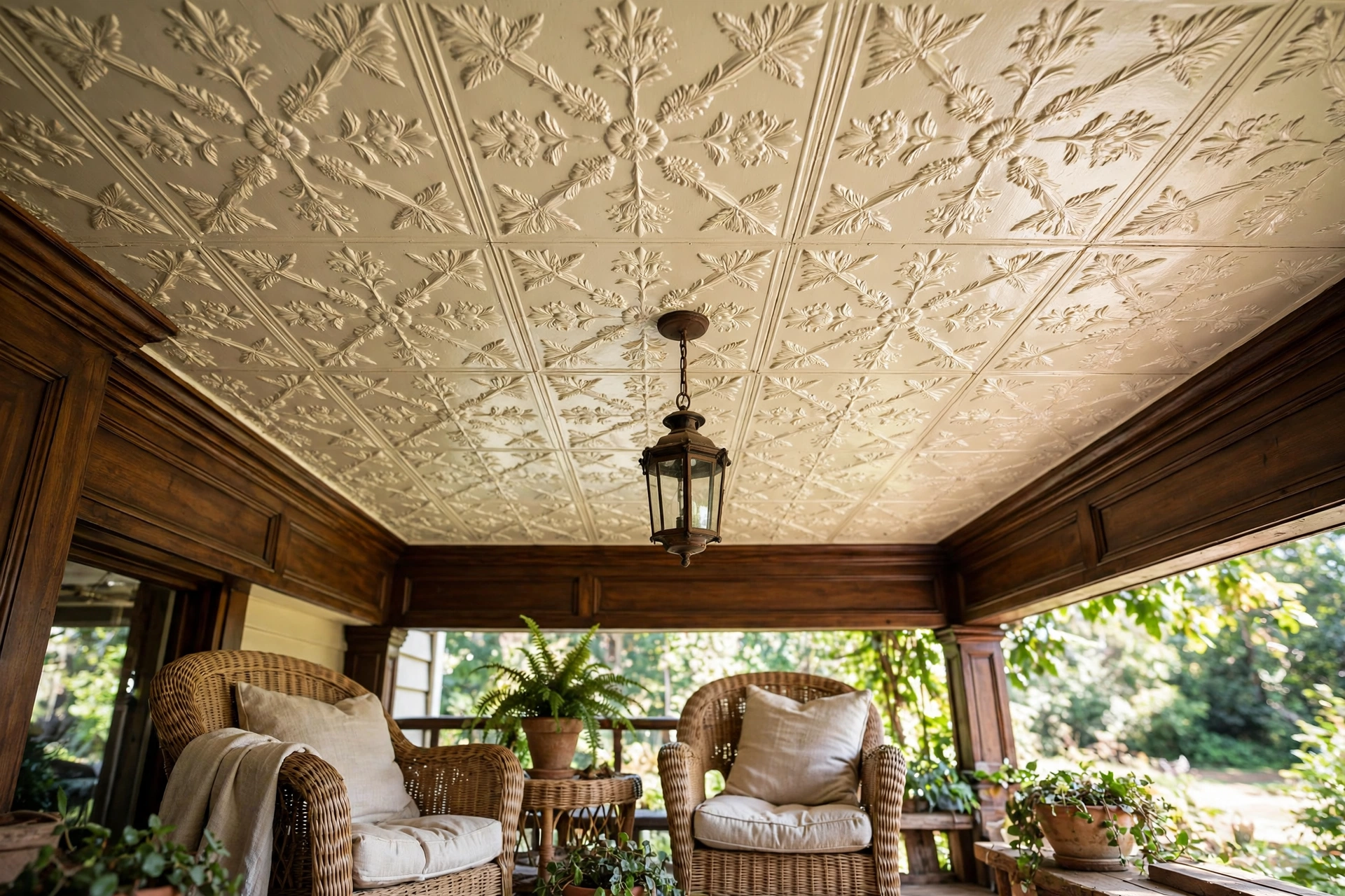 Pressed tin tile porch ceiling with embossed vintage pattern in cream