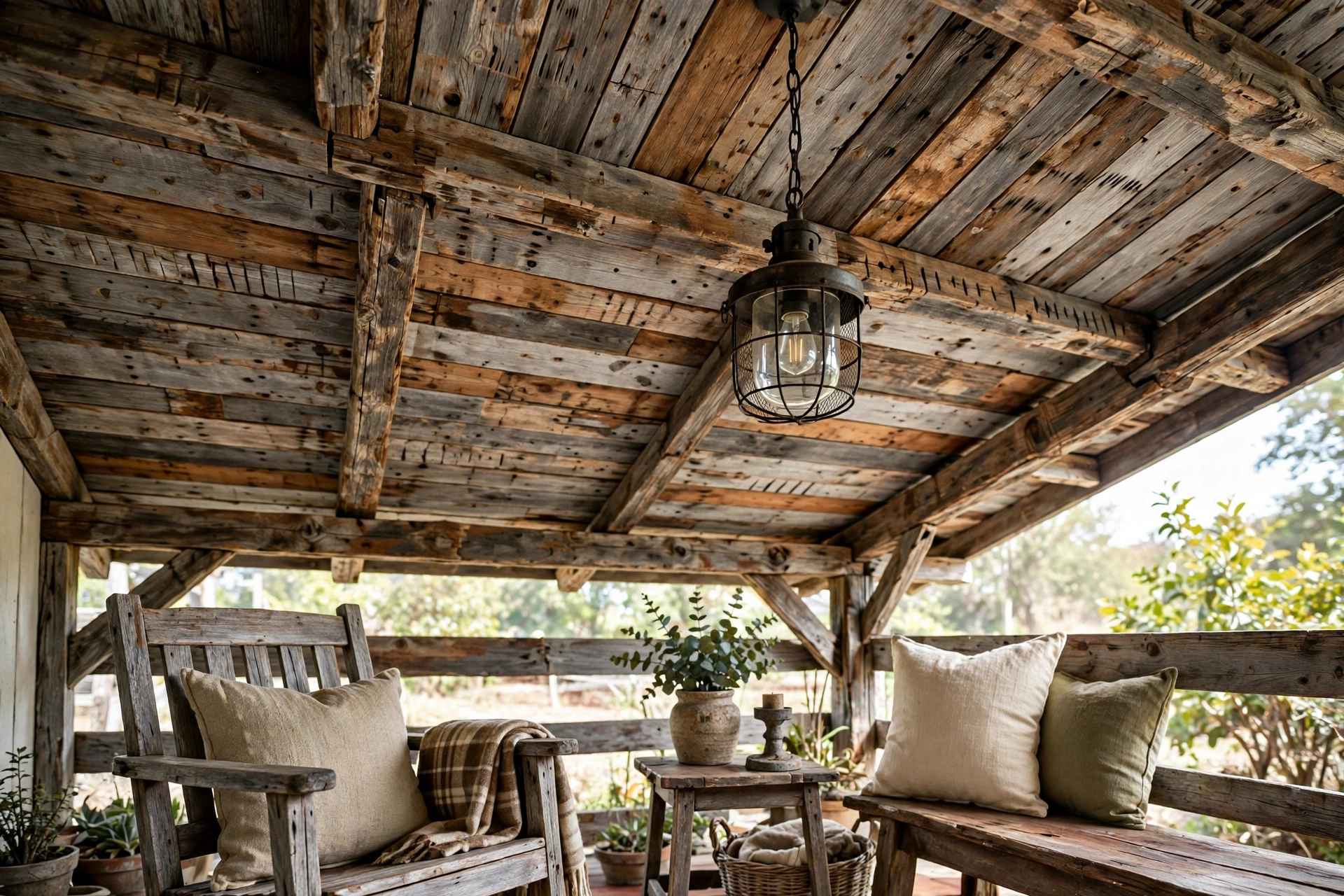 Reclaimed barn wood porch ceiling with weathered gray and brown planks