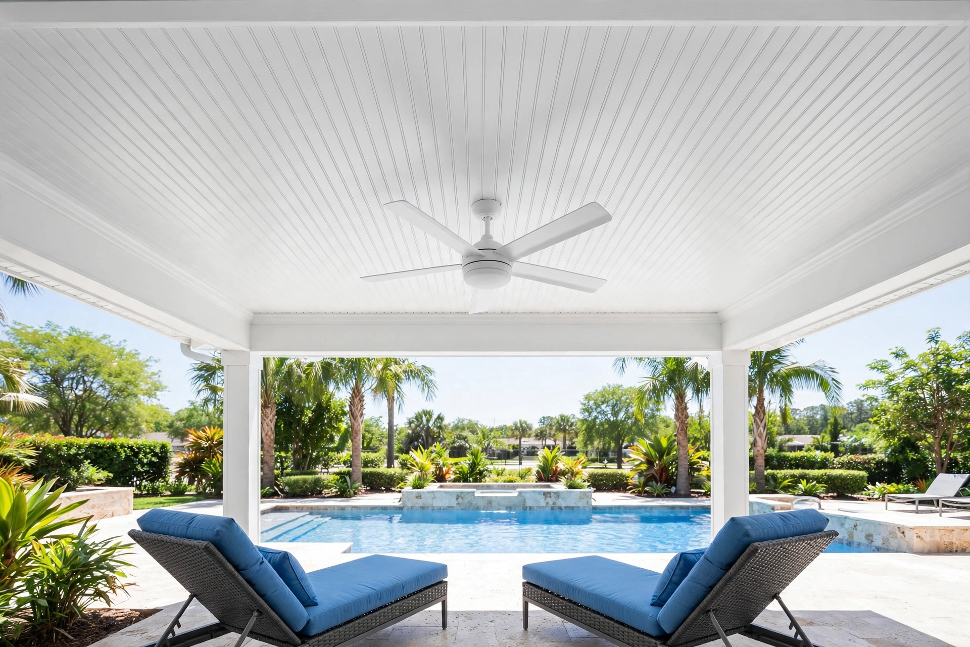 Low-maintenance vinyl beadboard porch ceiling ideas in bright white