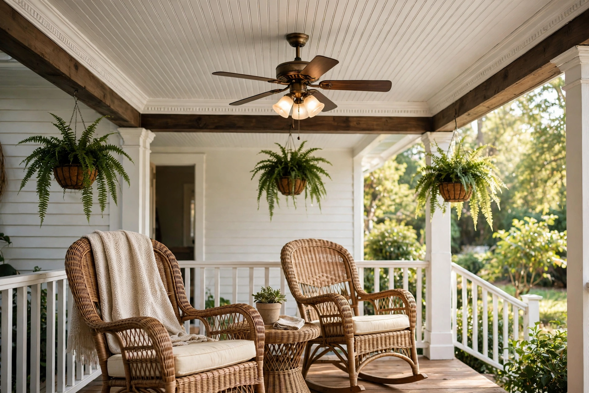 White beadboard porch ceiling ideas with classic grooved panels and crown molding