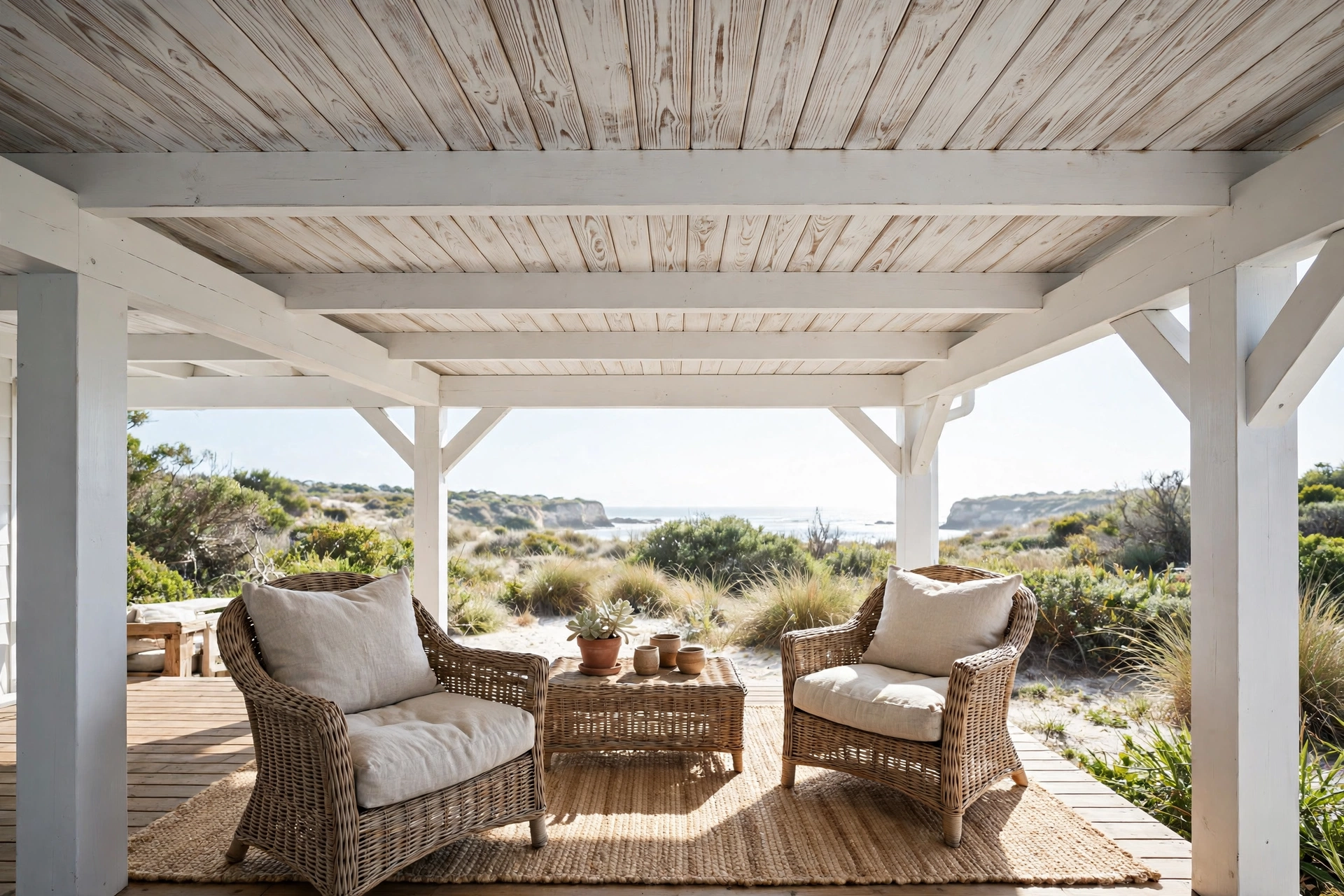 Whitewashed wood plank porch ceiling with visible grain showing through