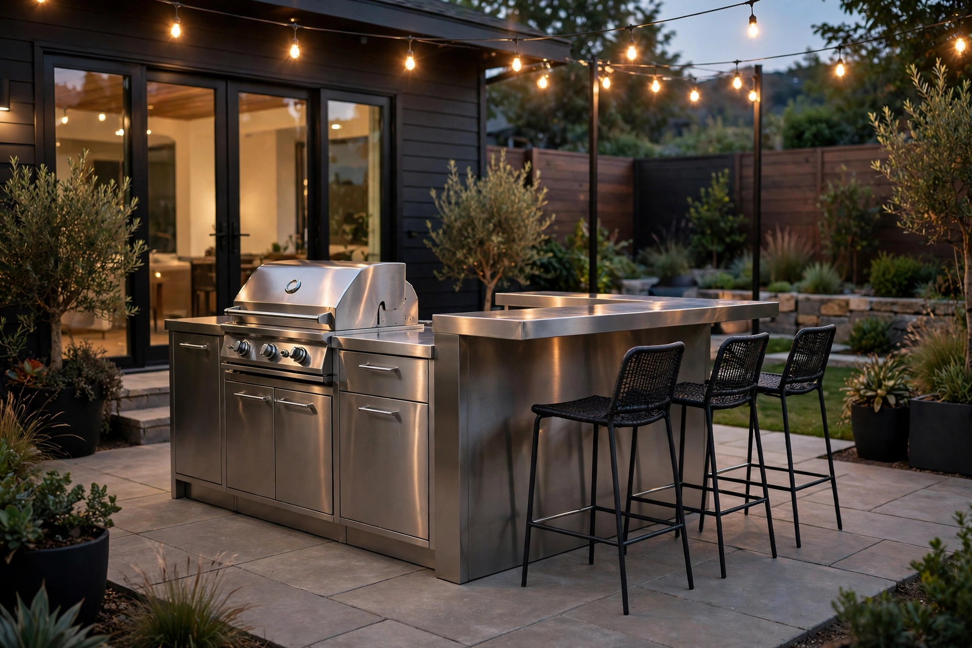 Prefab stainless steel outdoor kitchen island with bar seating on a patio