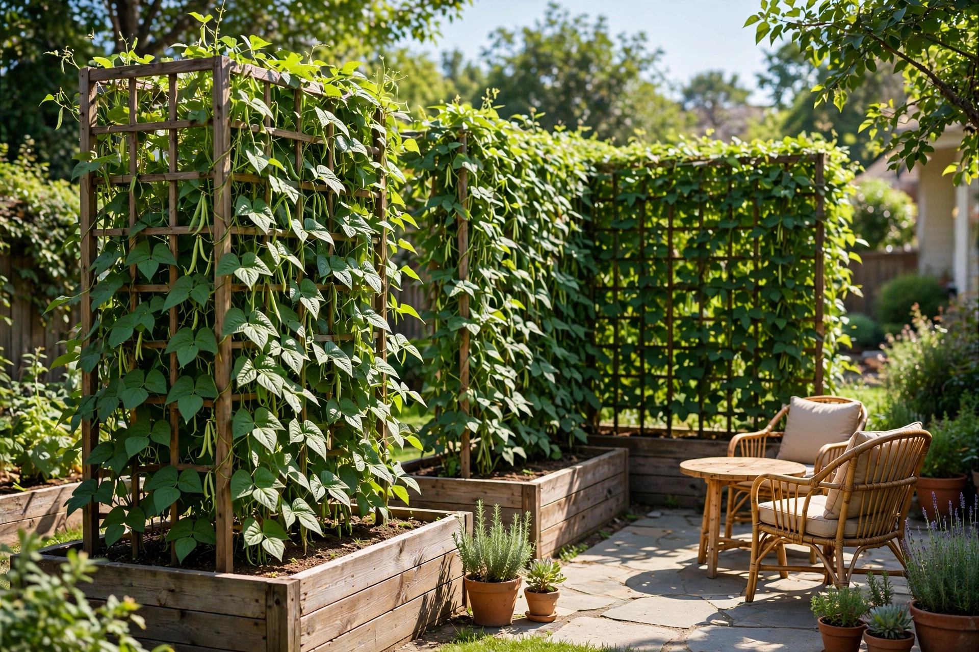 Raised garden bed with a tall trellis of climbing vegetables beside a patio