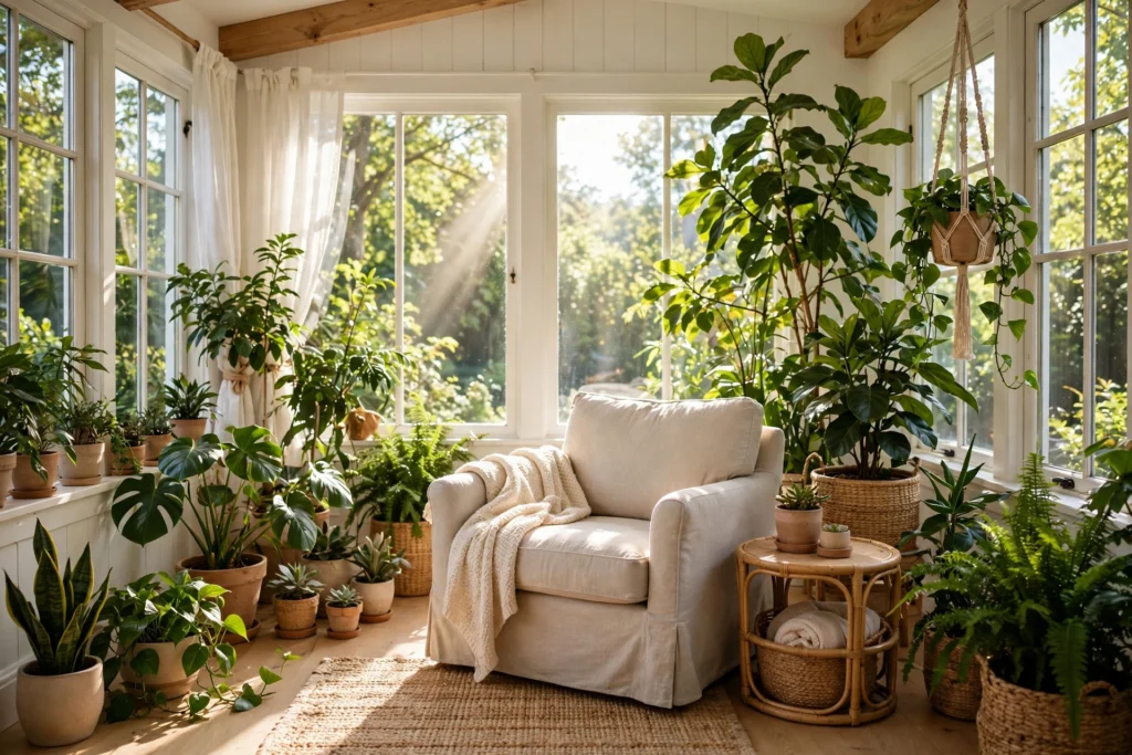 Light-filled sunroom reading nook escape