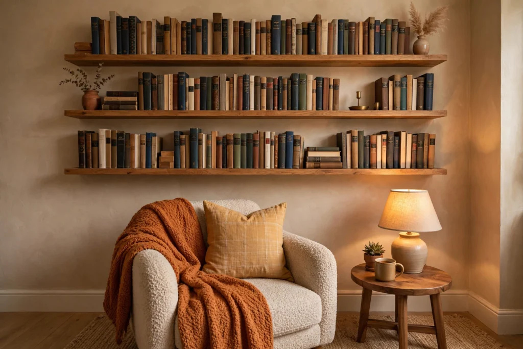 Floating shelf library wall for book lovers reading nook