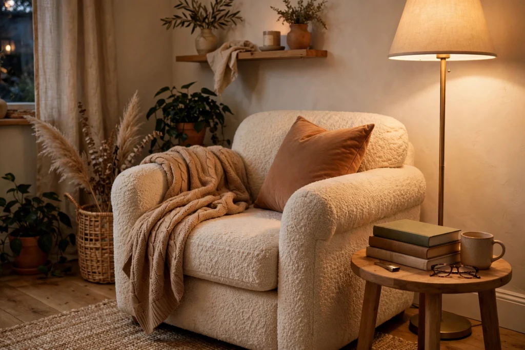 Cozy armchair anchor for reading nook with floor lamp
