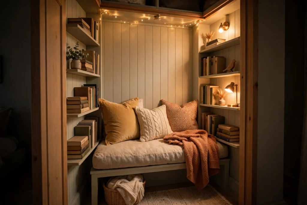 Small closet converted into cozy reading nook