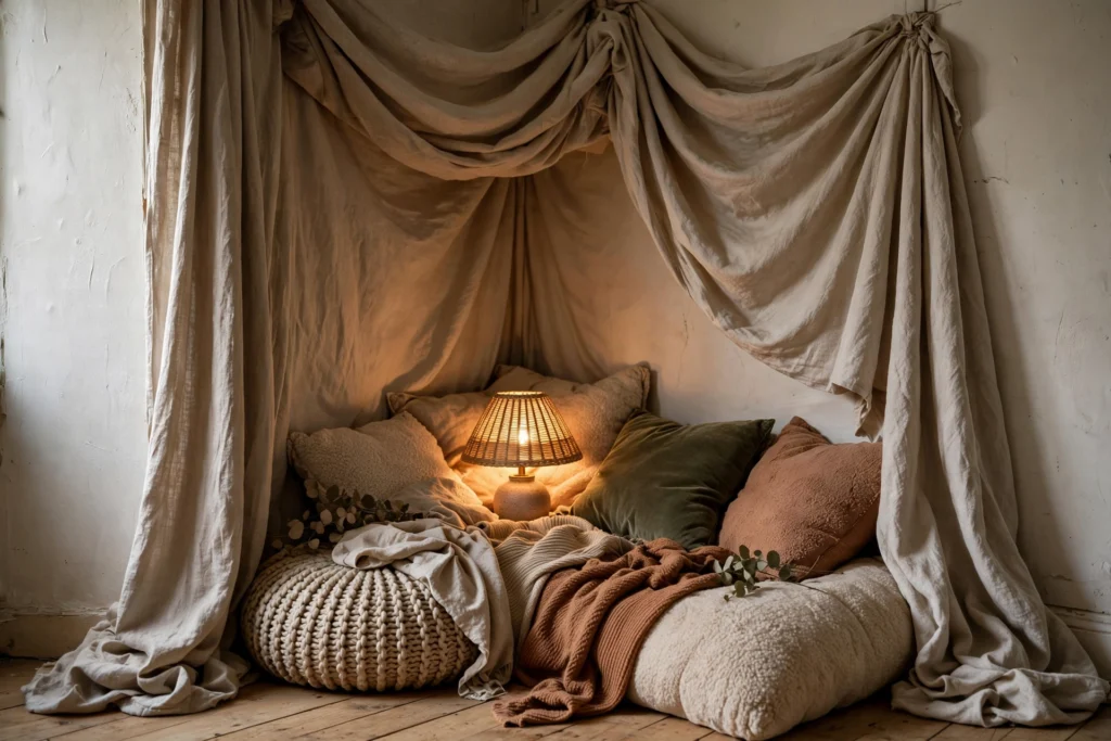 Corner cocoon reading nook for awkward spaces