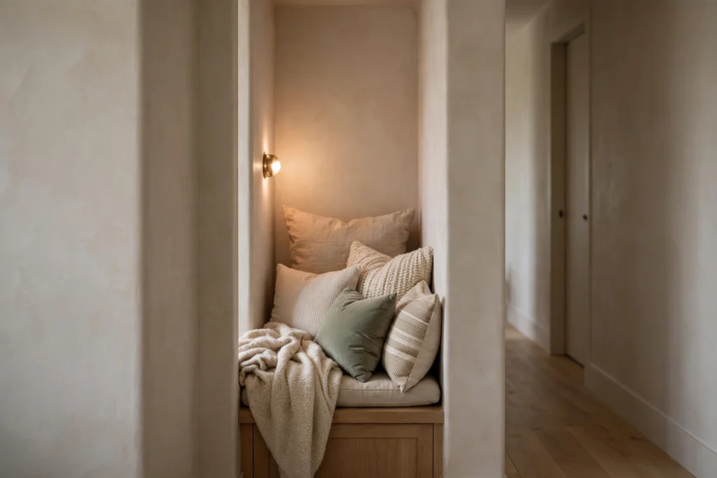 Hallway niche converted to reading nook with bench