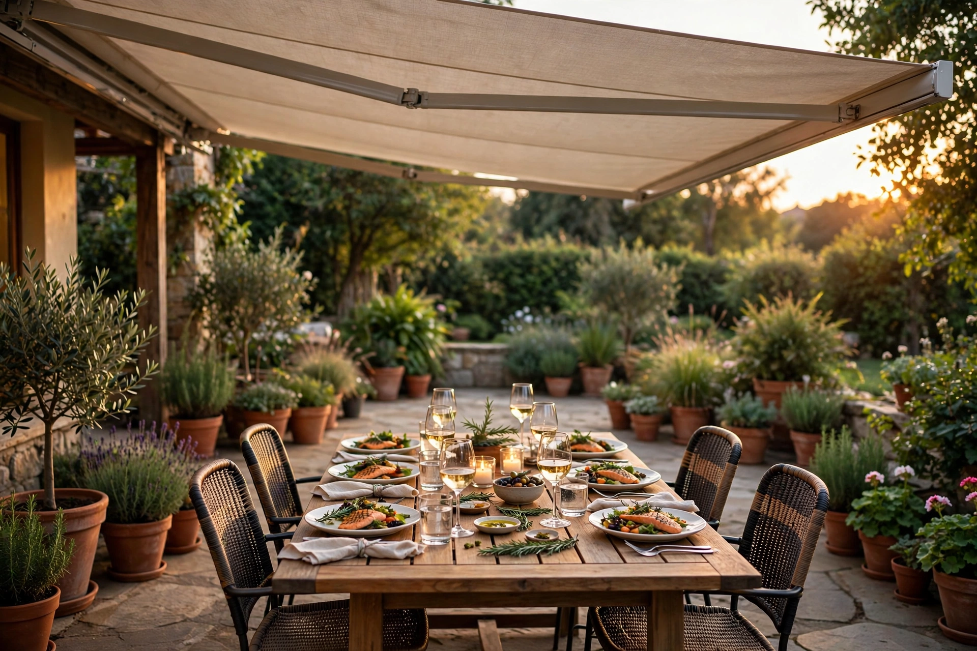Retractable patio canopy shading an outdoor dining table set for dinner