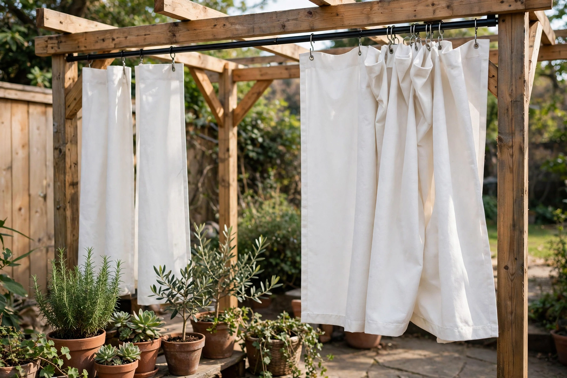 DIY curtain-track retractable patio canopy with fabric panels on a pergola
