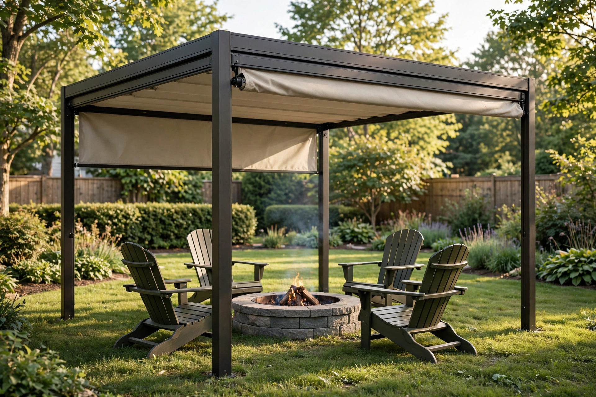 Freestanding retractable patio canopy on posts shading a fire pit area