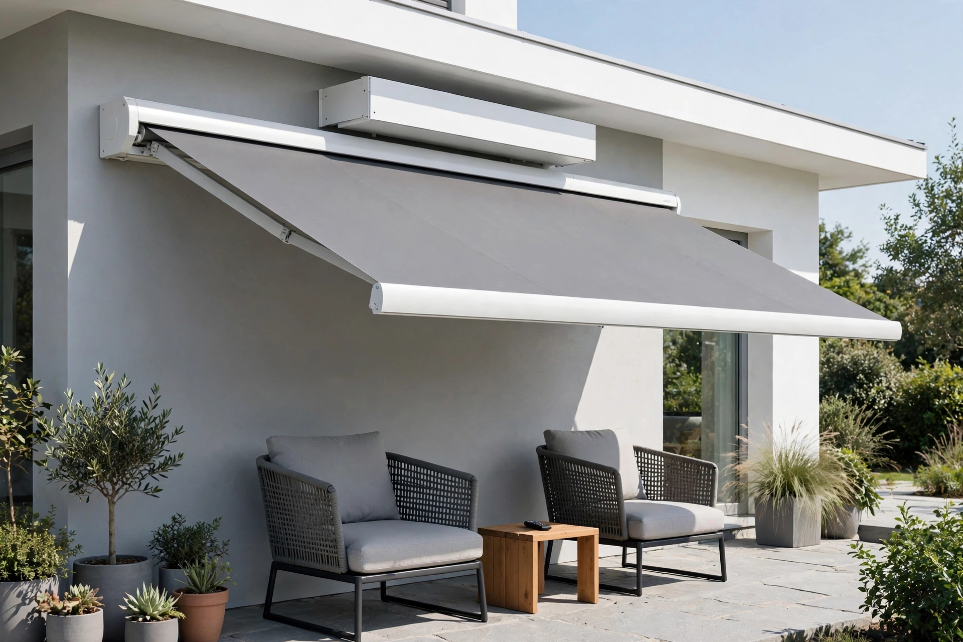 Motorized full-cassette retractable patio canopy partially extended with remote