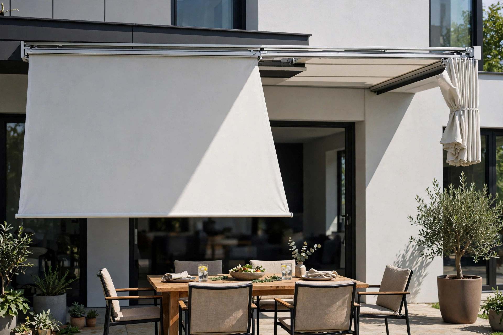 Dual overlapping panels of a retractable patio canopy half covering a patio