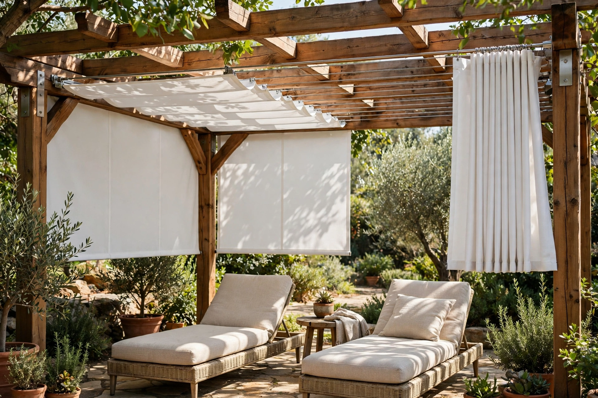 Pergola with slide-cable retractable patio canopy fabric half open