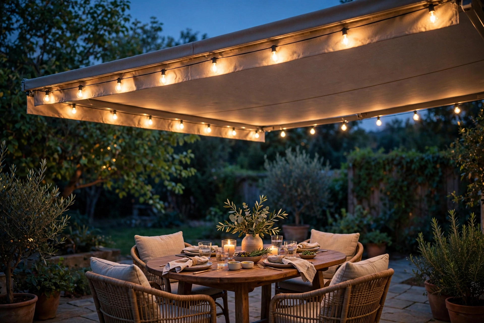 Retractable patio canopy with warm string lights glowing underneath at dusk