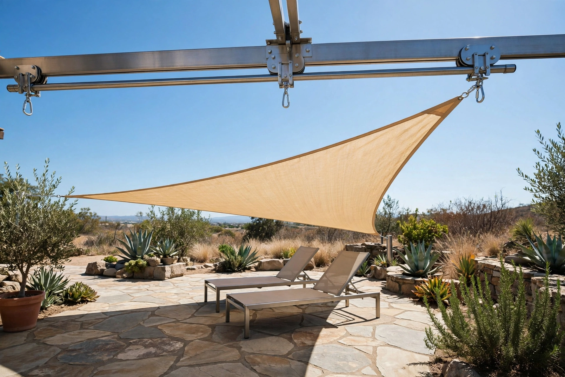 Triangle sail retractable patio canopy sliding on a center track over patio