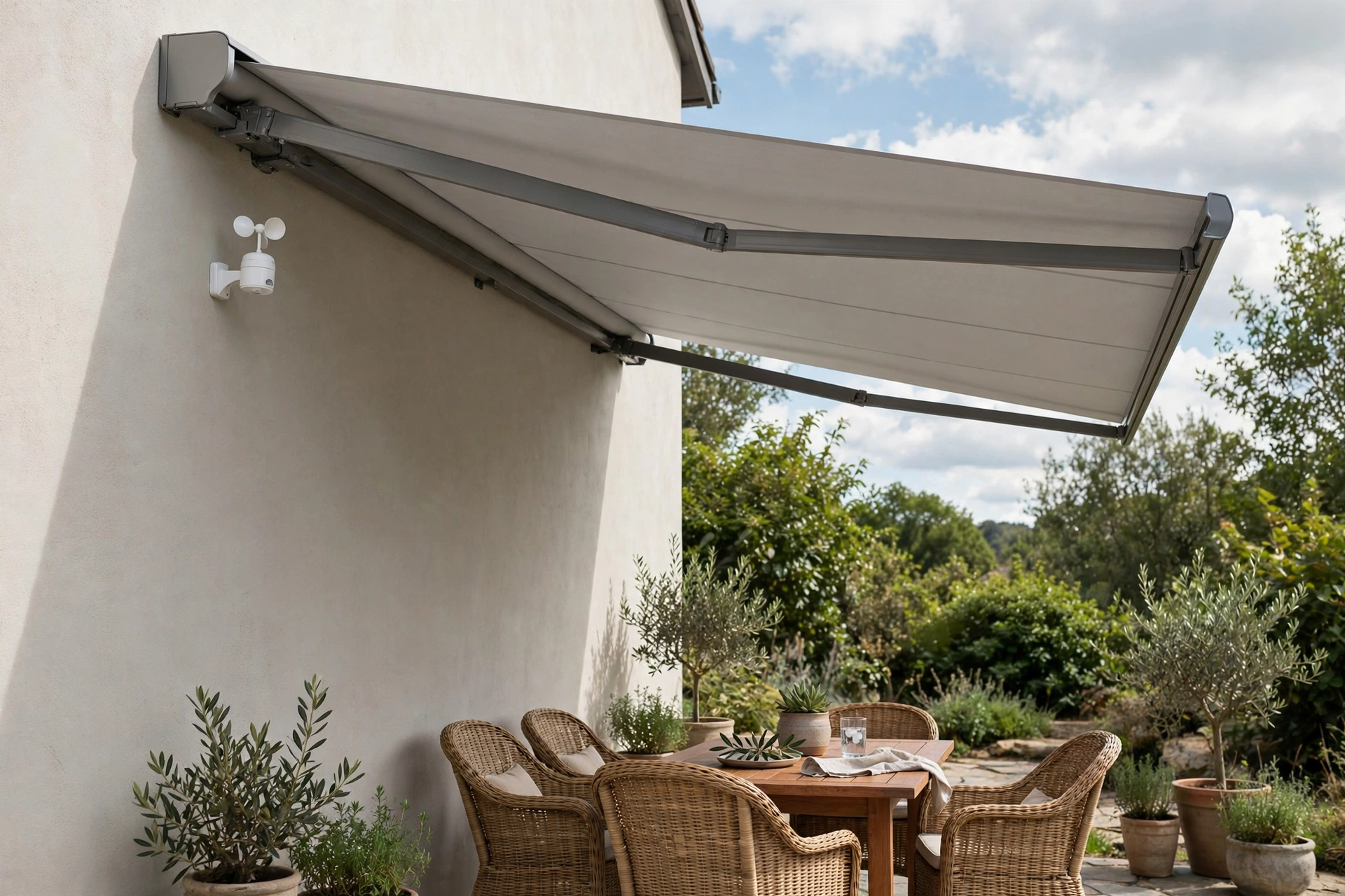 Retractable patio canopy with small wind sensor mounted on the house wall