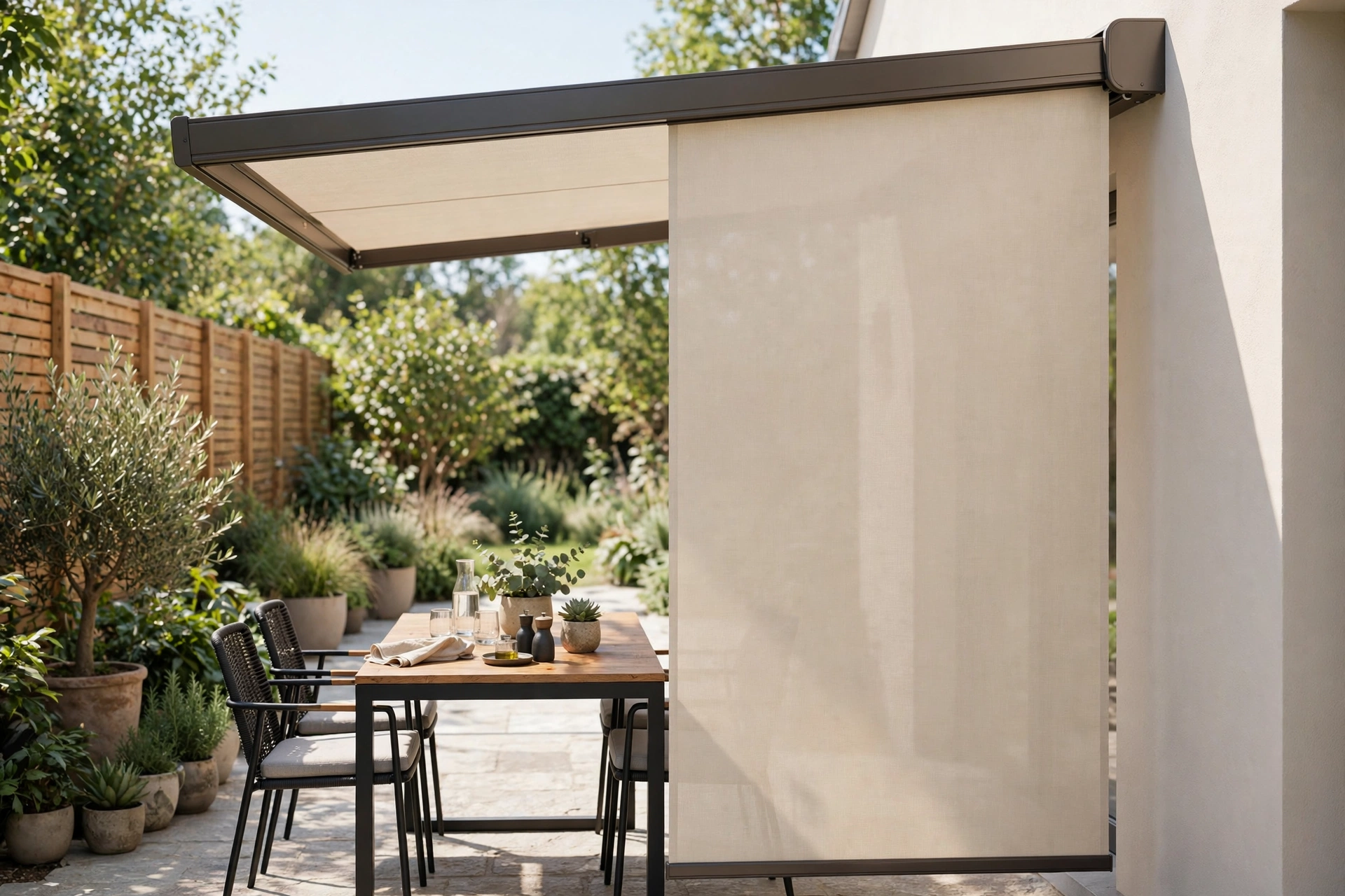 Retractable side awning extended to block a sightline over a patio dining set