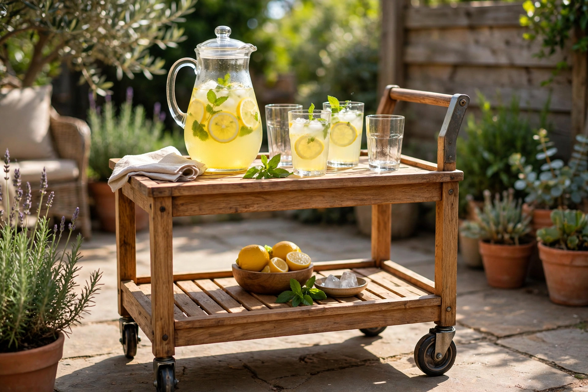 Outdoor patio bar ideas: rolling bar cart with drinks and glassware on a patio