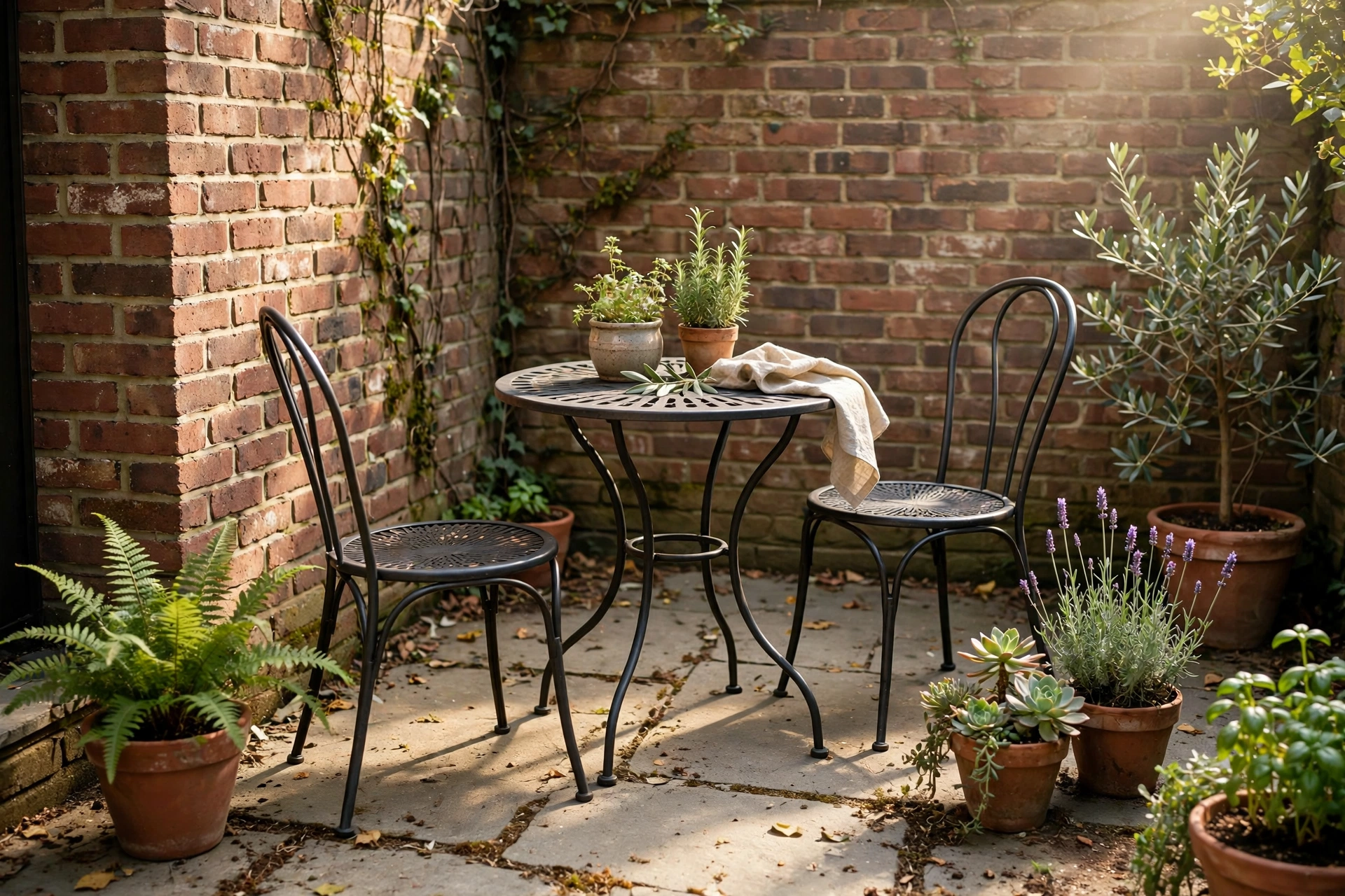 Small backyard patio with a metal bistro set and potted plants