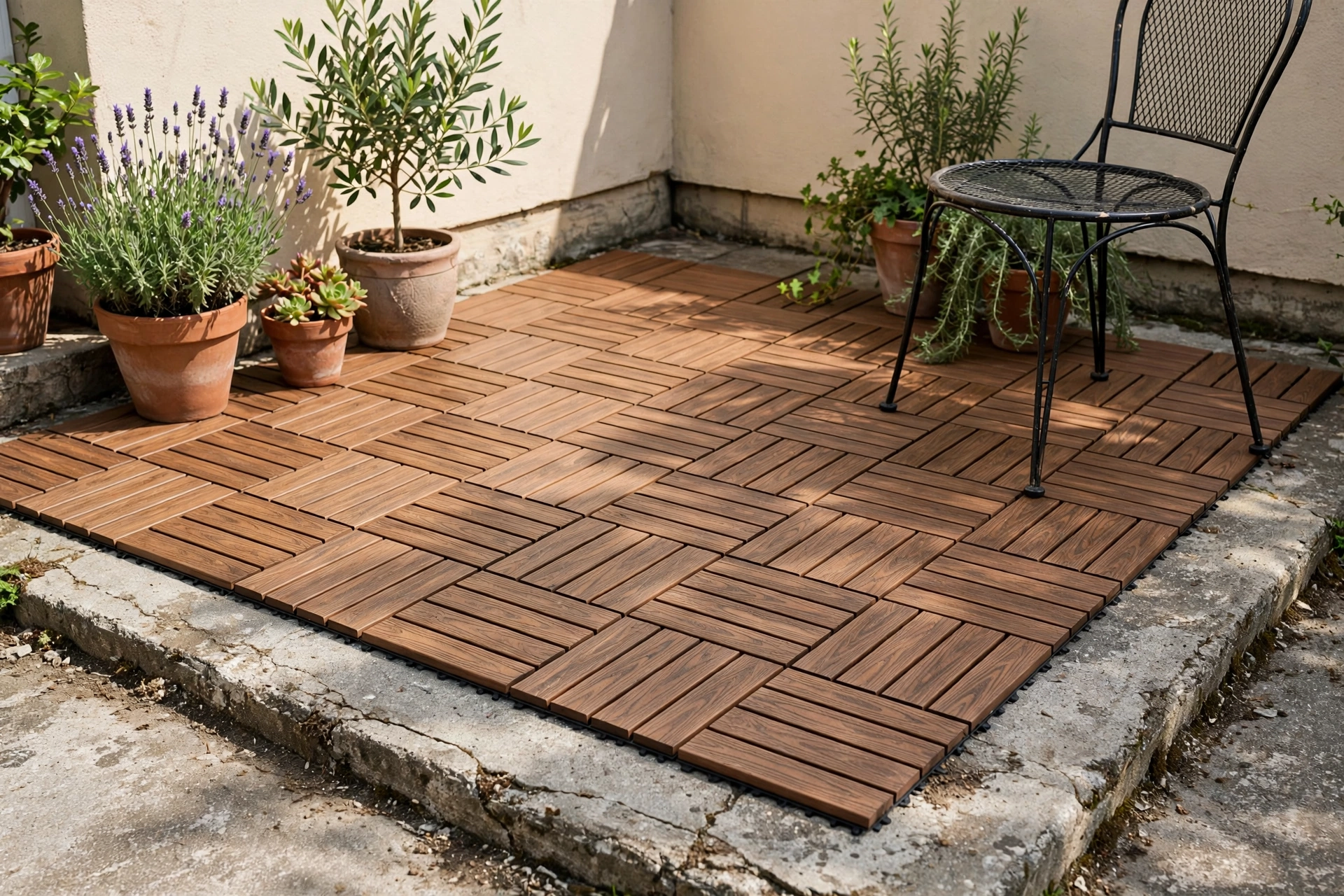 Interlocking deck tiles laid over an old concrete slab on a small patio