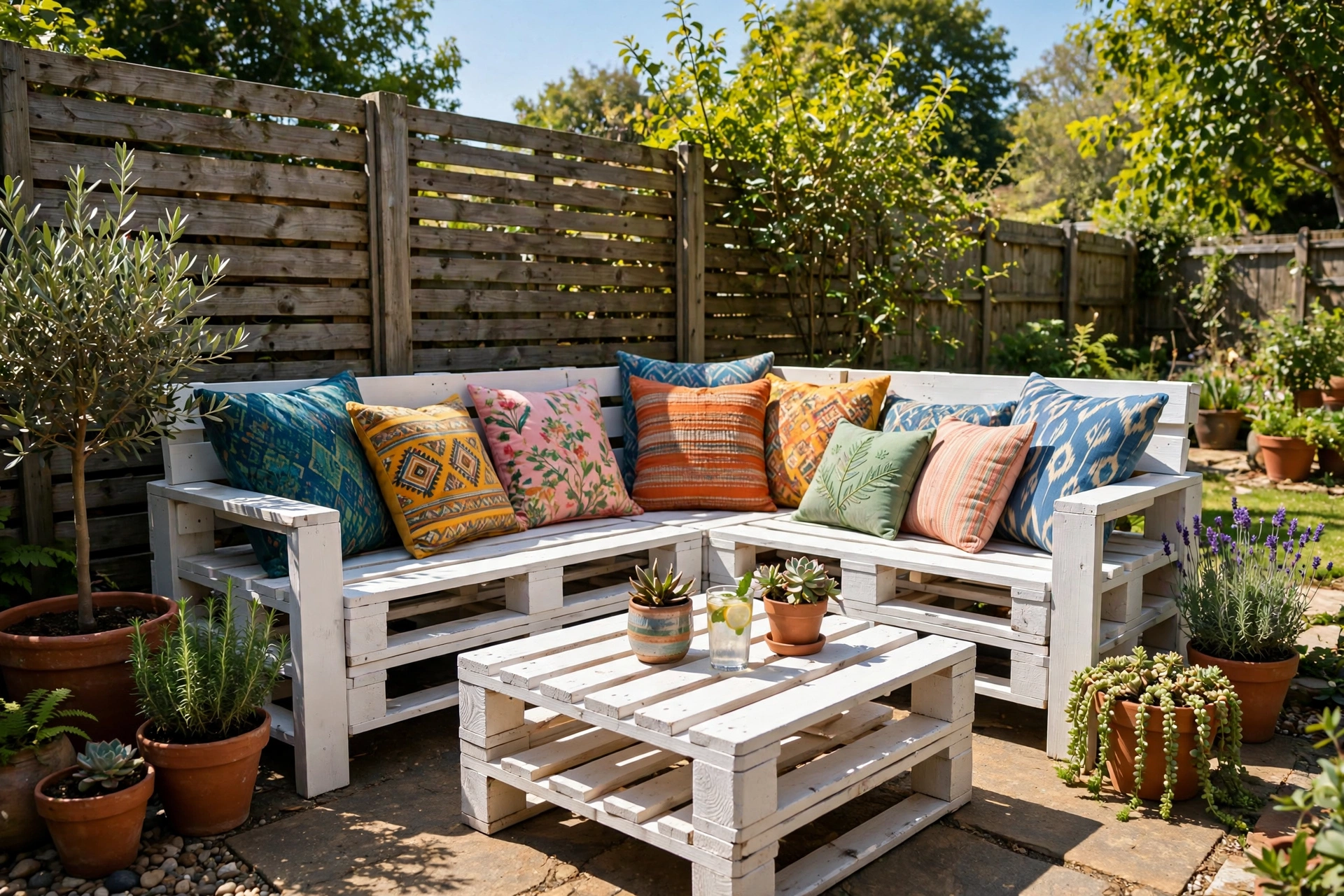 DIY pallet wood sofa painted white with outdoor cushions on a small patio