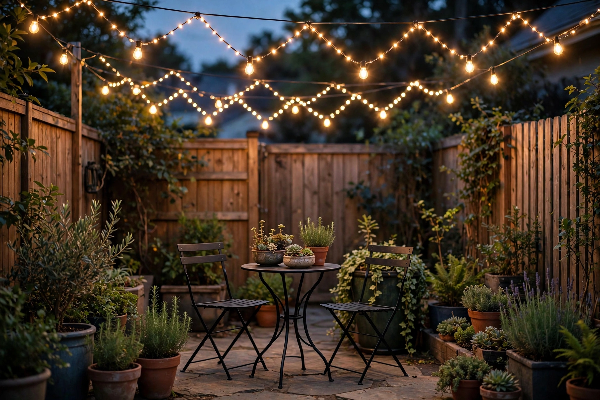 String lights over a small backyard patio, a budget idea with big impact