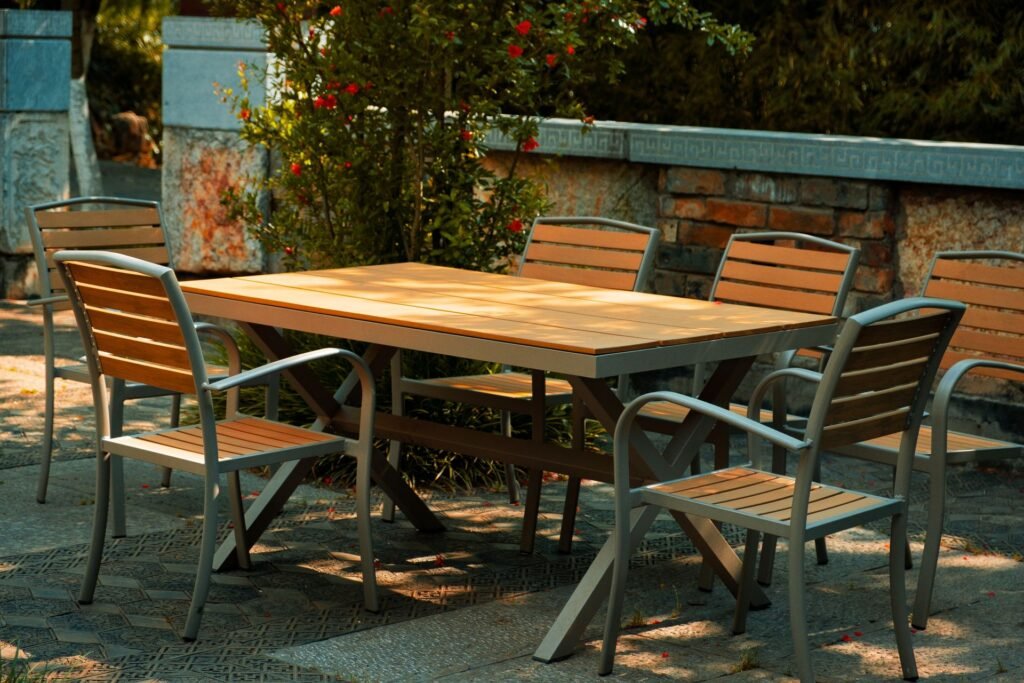 Small patio layout ideas — 12x12 patio with dining, lounge and cinema corner