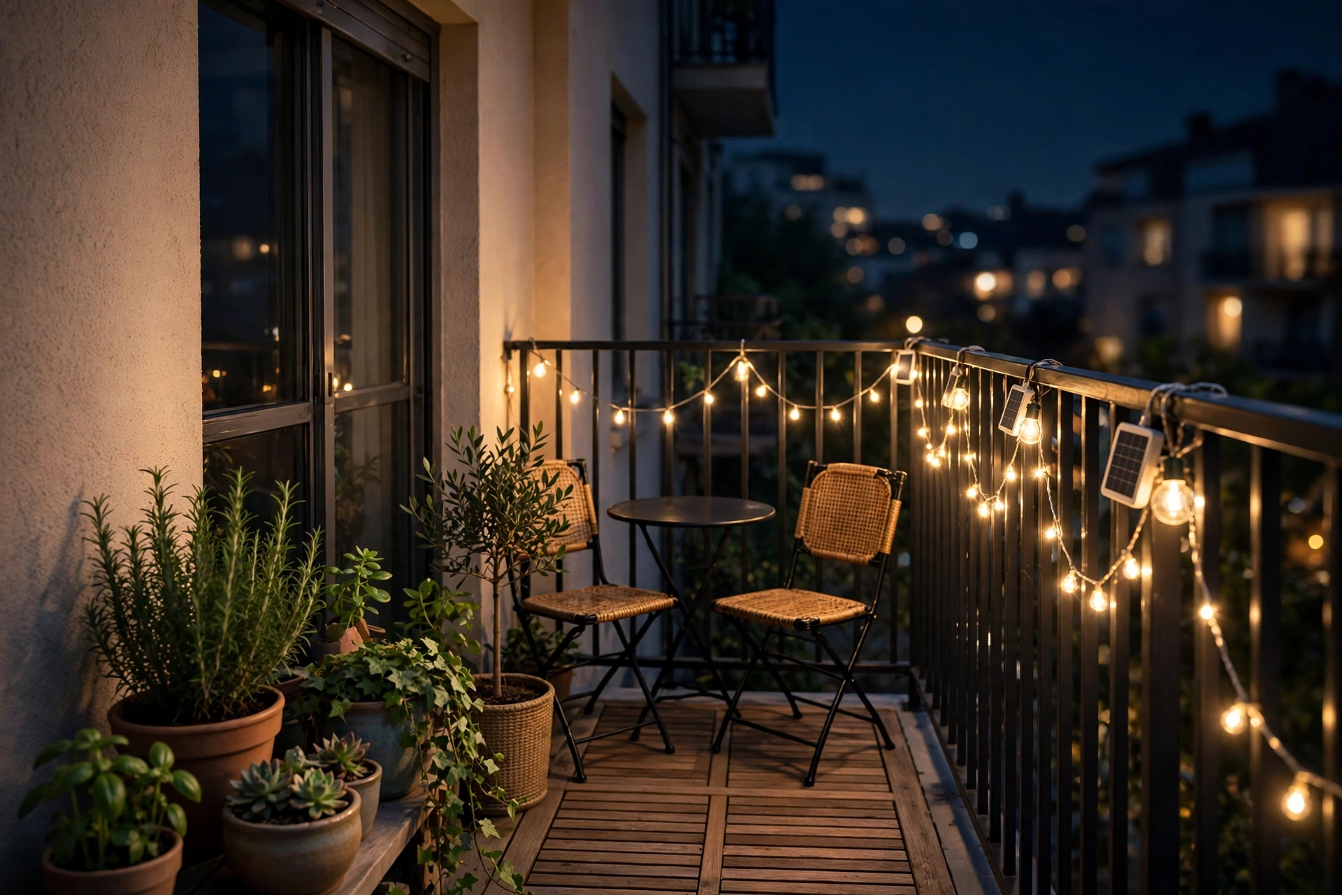 wide shot of a small apartment balcony at dusk glowing with warm string lights, no visible hardware