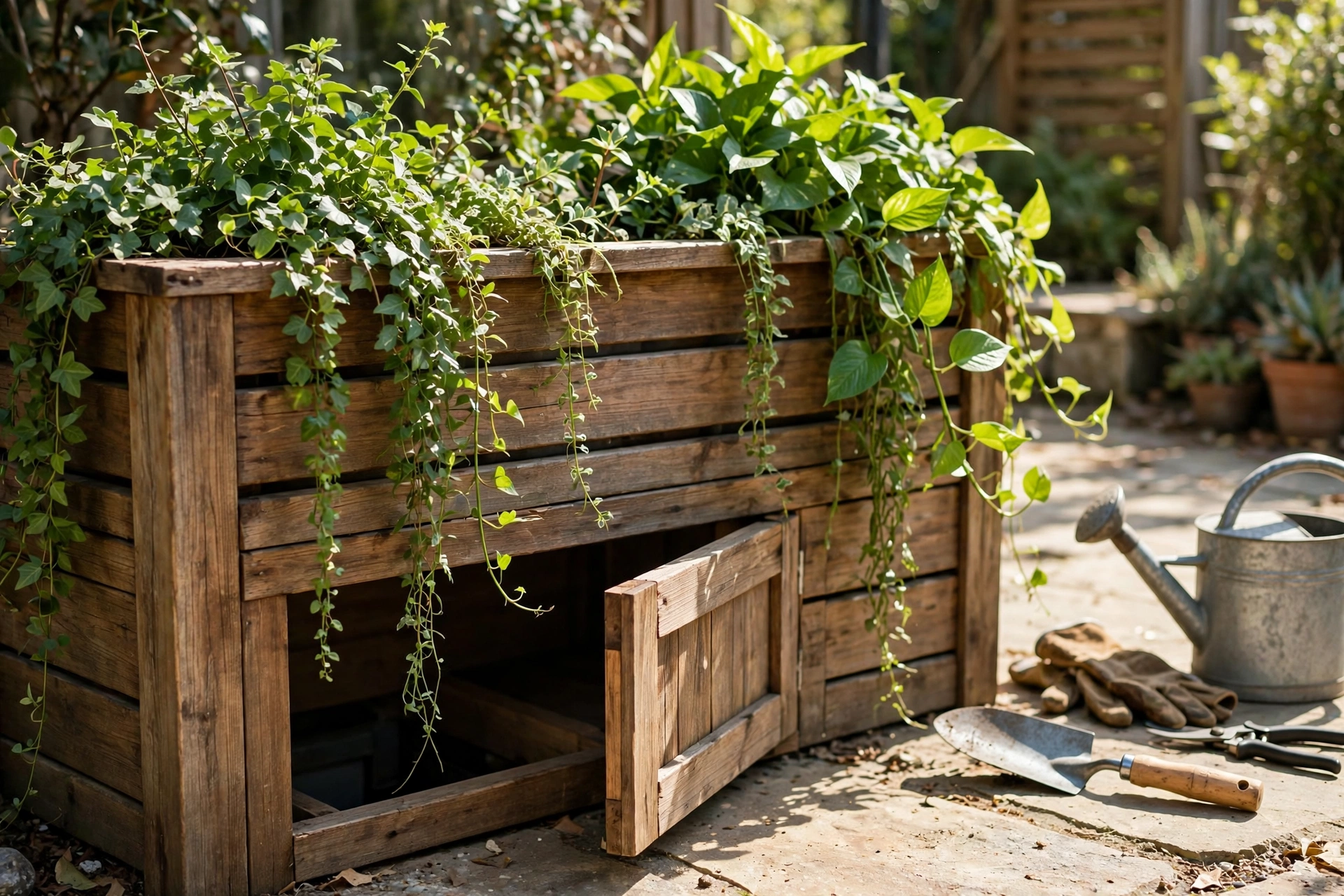 Wooden planter box with trailing plants hiding a storage compartment below