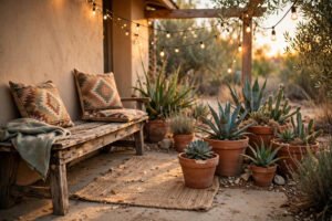Southwestern patio ideas with terracotta pots and desert plants at golden hour